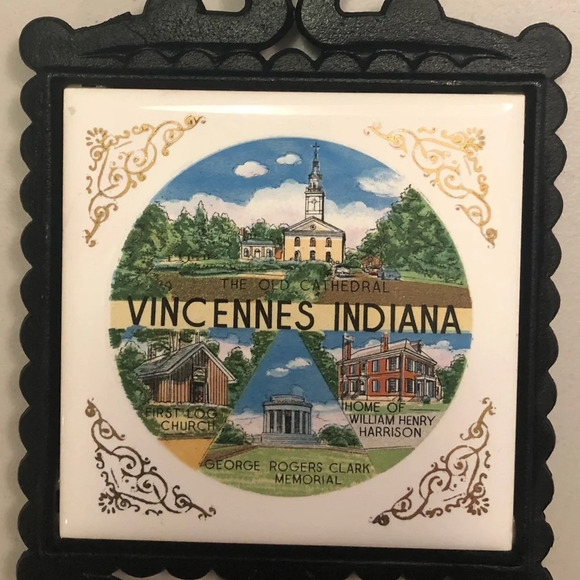 Decorated Tile Trivet Cast Iron Frames Vincennes Indiana Made in Japan - Picture 5 of 7